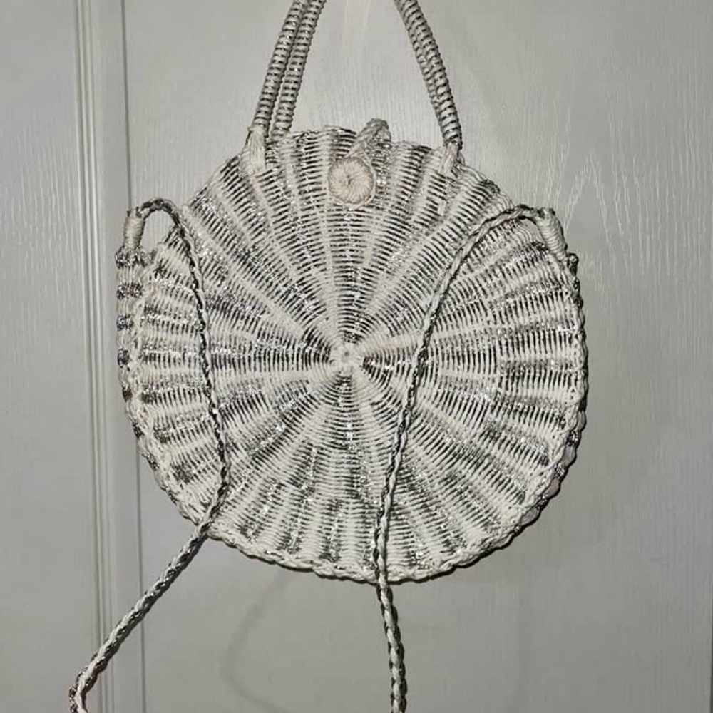 Mud Pie White Round Woven Crossbody Bag